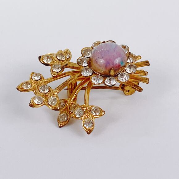 Small VTG Mid Century Faux Opal Rhinestone Floral Brooch Pink Flower Spray Pin - Picture 6 of 11